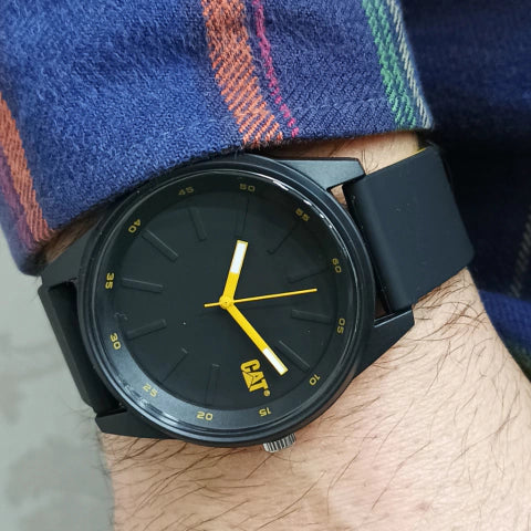 CAT Insignia Black Dial Yellow Hands Black Batons Black Strap Men's Watch | LJ.160.21.127