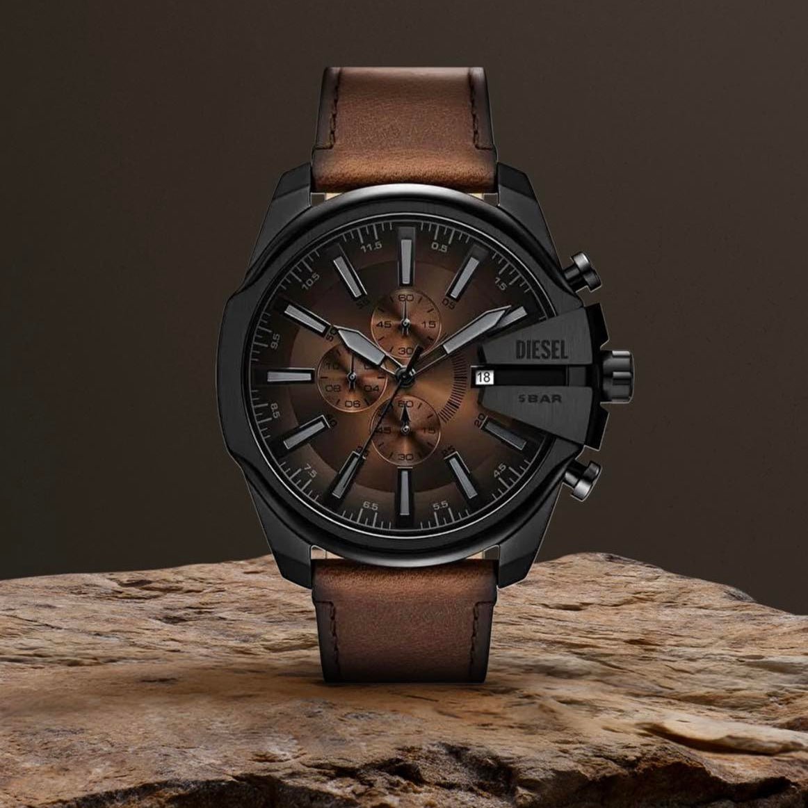Diesel Mega Chief Black Dial Leather Strap Men's Watch | DZ4692 | TIME Watches