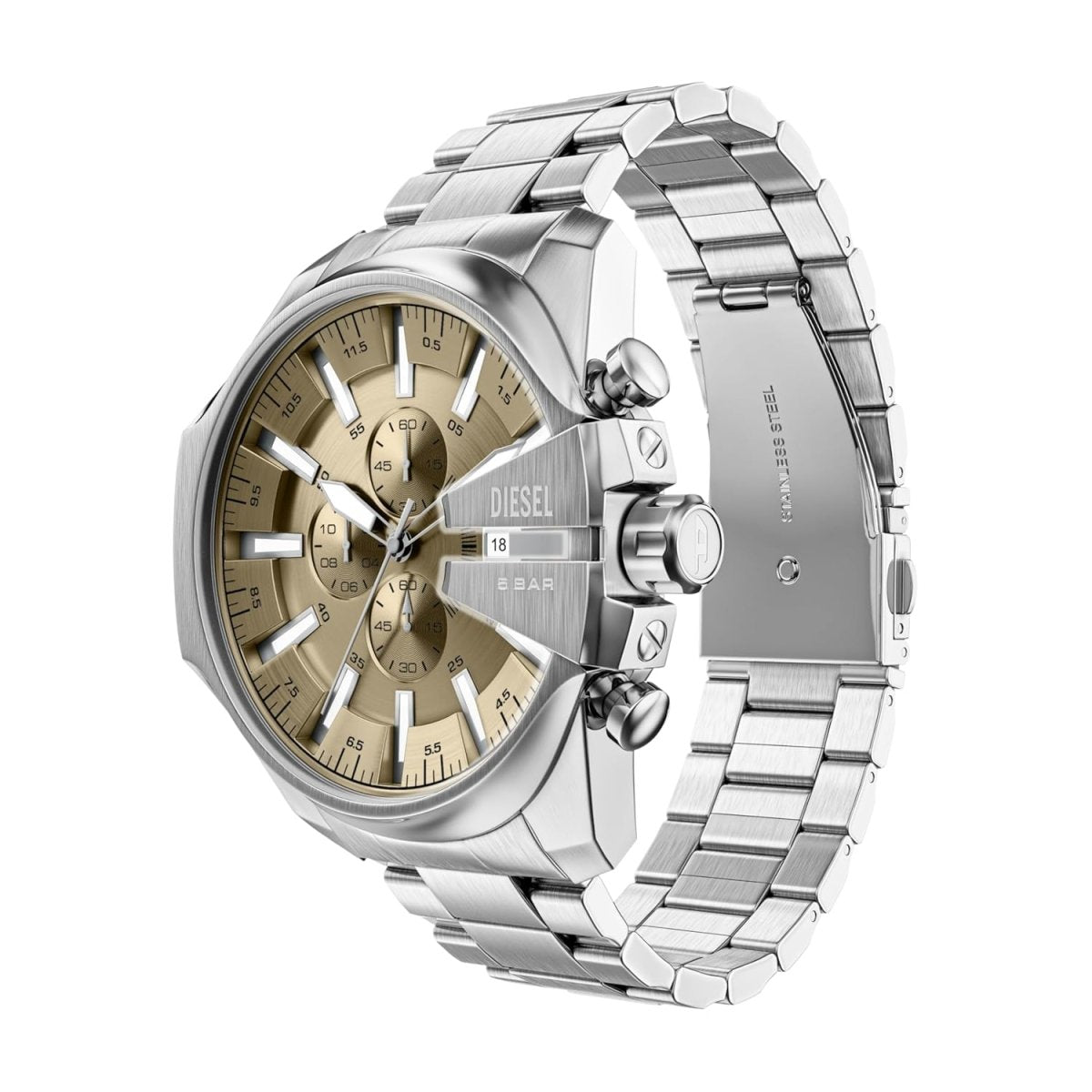 Diesel Mega Chief Gold Sunray Dial and Silver Steel Bracelet 48mm Men's Watch | DZ4702 | TIME Watches