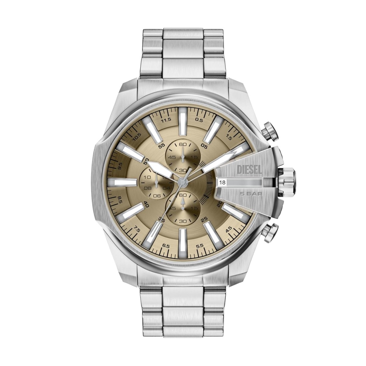 Diesel Mega Chief Gold Sunray Dial and Silver Steel Bracelet 48mm Men's Watch | DZ4702 | TIME Watches