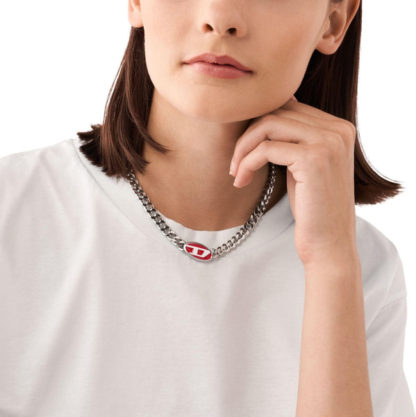 Diesel Red Lacquer and Stainless Steel Chain Unisex Necklace | DX1446040