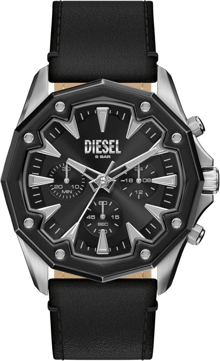 Diesel Stinger Black Sunray Dial and Black Leather Strap 46mm Men's Watch | DZ4710 | TIME Watches