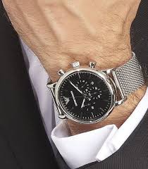 Emporio Armani Chronograph Black Dial and Silver Steel Bracelet Mesh 44mm Men's Watch | AR1808
