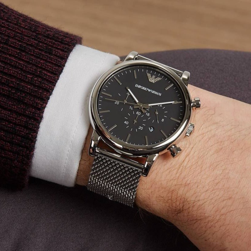 Emporio Armani Chronograph Black Dial and Silver Steel Bracelet Mesh 44mm Men's Watch | AR1808