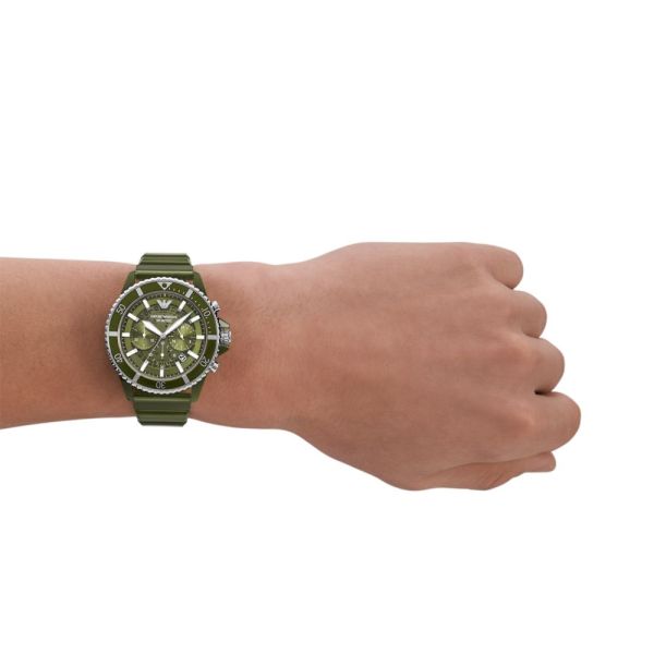 Emporio Armani Chronograph Olive Green Dial and Green Rubber 44mm Men's Watch | AR11534