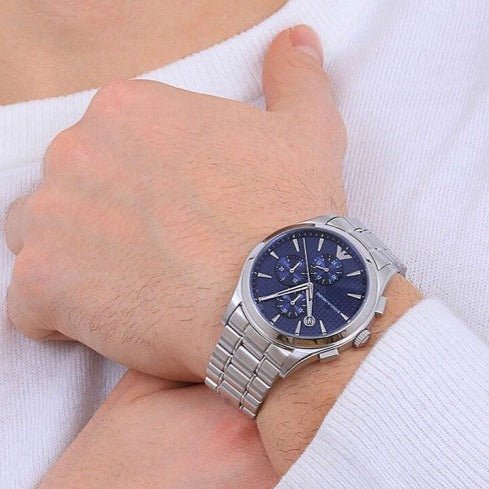 Emporio Armani Chronograph Silver-Tone Dial and Black Stainless Steel 43mm Men's Watch | AR11528