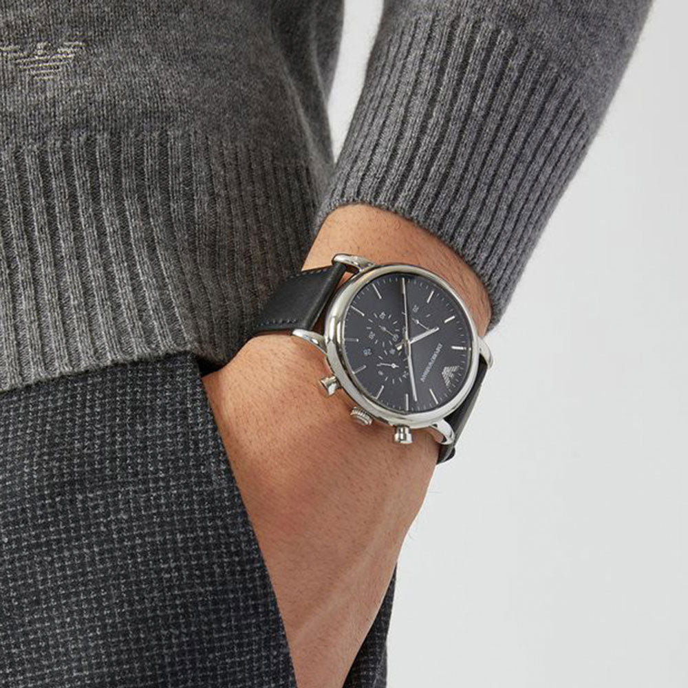 Emporio Armani Luigi Silver Dial and Black Leather 43mm Men's Watch | AR1828