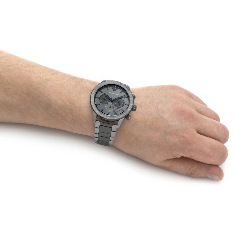 Emporio Armani Mario Black Dial and Silver Leather 44mm Men's Watch | AR11391