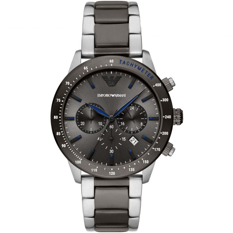 Emporio Armani Mario Black Dial and Silver Leather 44mm Men's Watch | AR11391