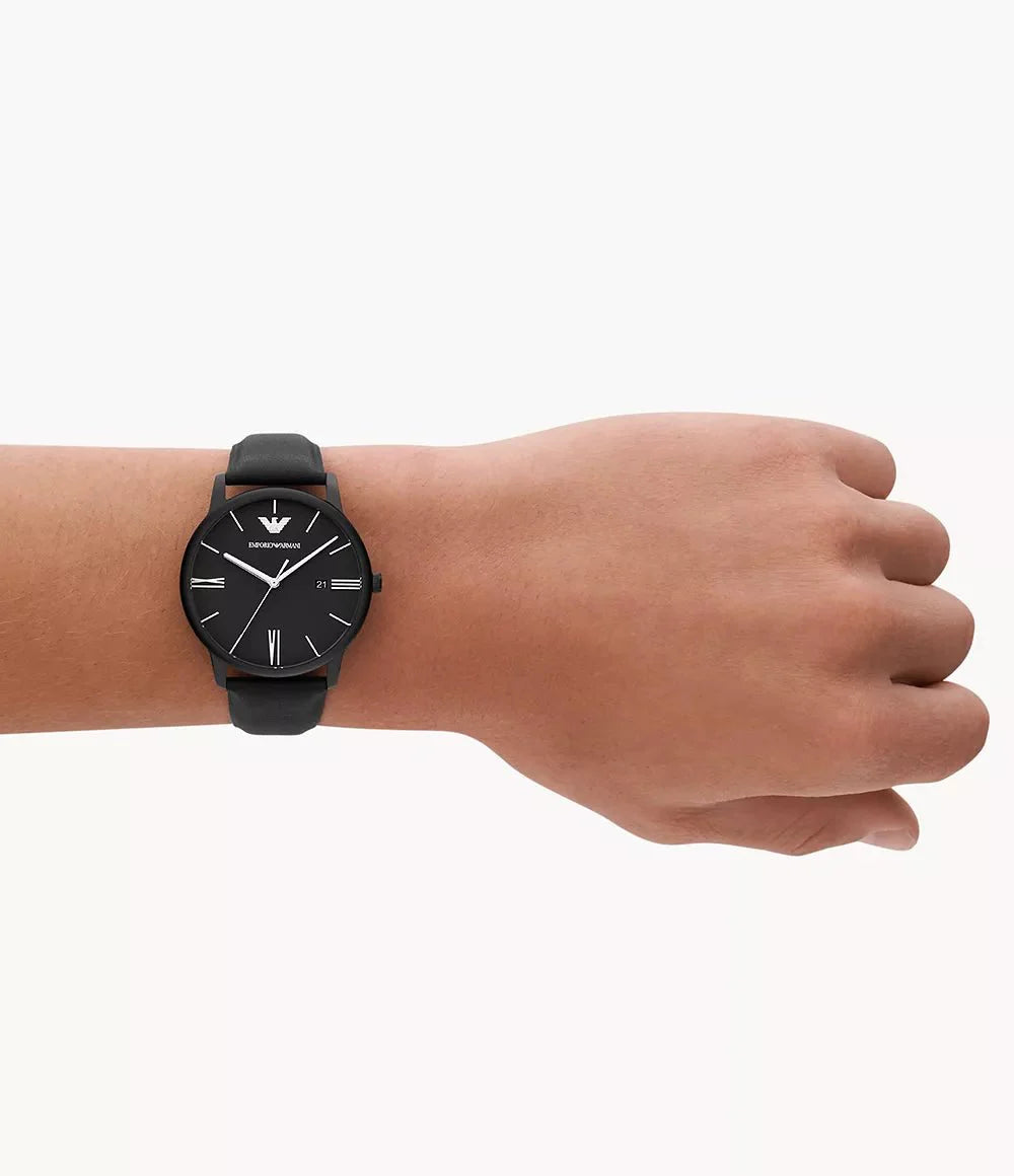 Emporio Armani Minimalist Black Dial and Black Leather 43mm Men's Watch | AR11573