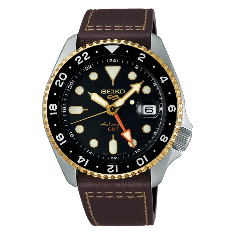 Seiko Automatic Black Dial Brown leather Strap GMT Men's Watch | SSK036K1