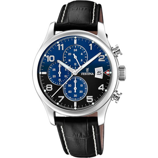 Festina Chronograph Blue Dial Black Leather Strap Men's Watch | F20375/7