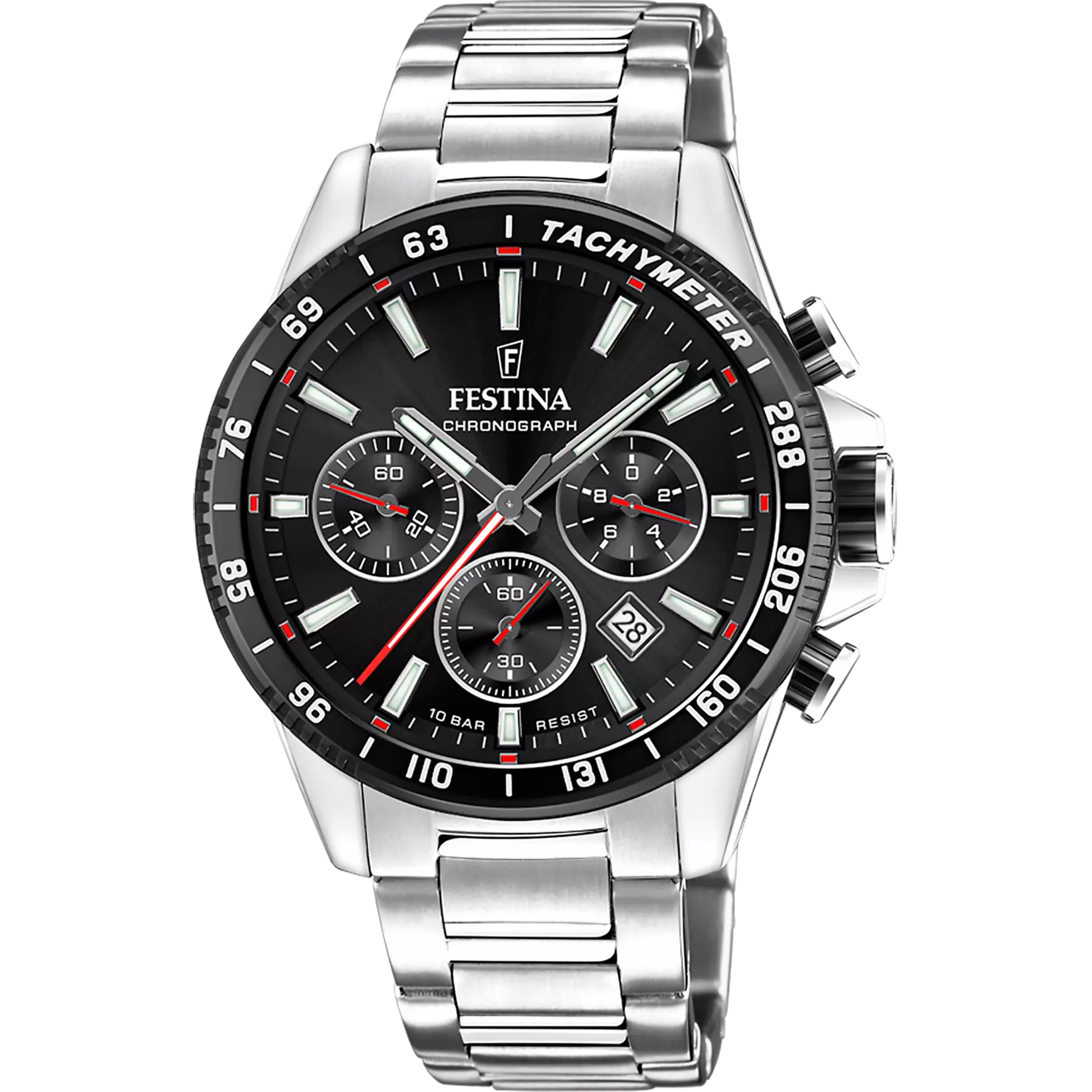 Festina Timeless Chronograph Black Dial Red Details Stainless Steel Men's Watch | F20560/6
