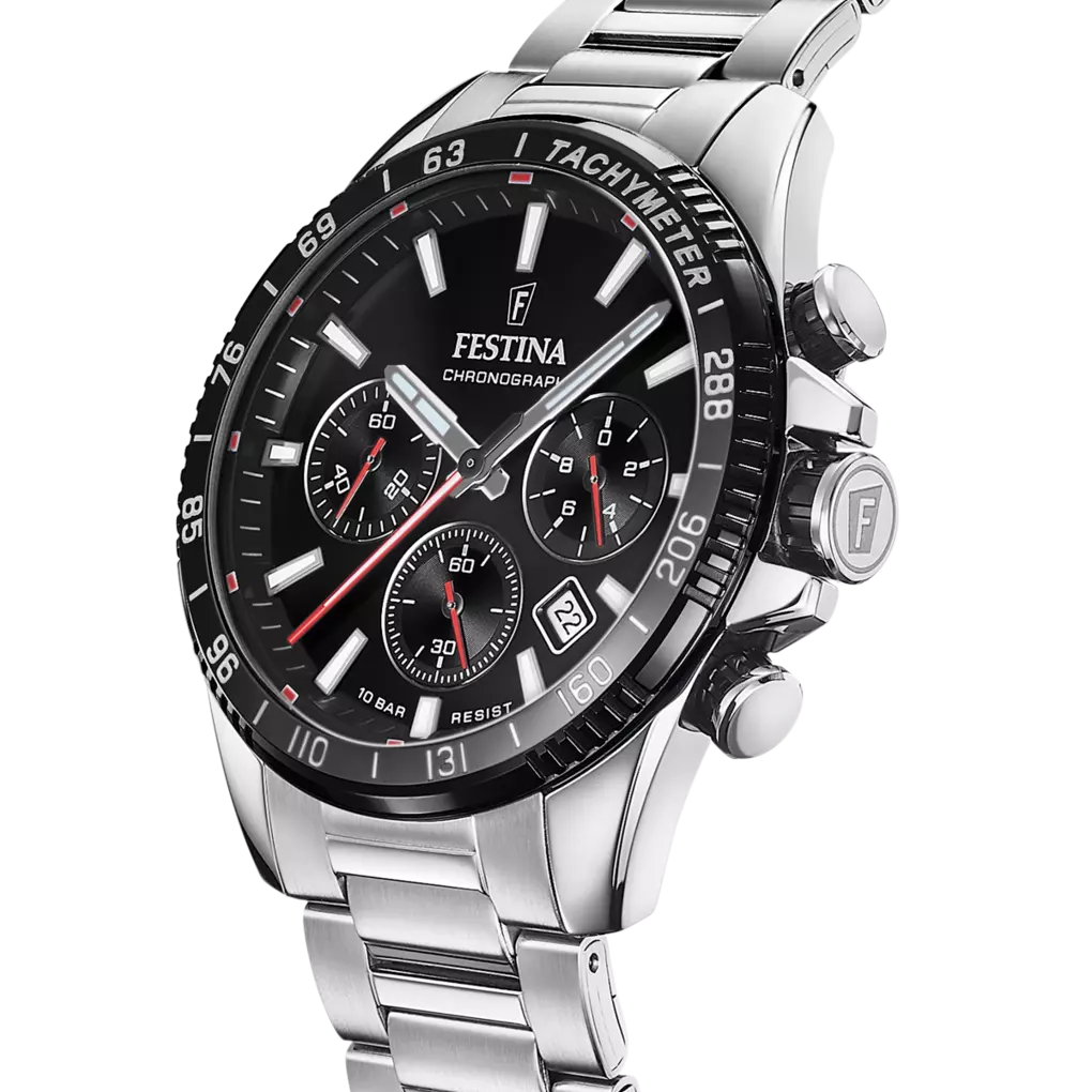 Festina Timeless Chronograph Black Dial Red Details Stainless Steel Men's Watch | F20560/6