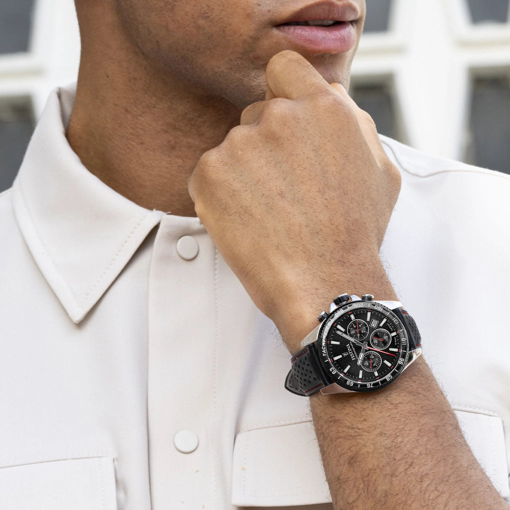 Festina Timeless Chronograph Black Dial Black Leather Red Stitching Men's Watch | F20561/4