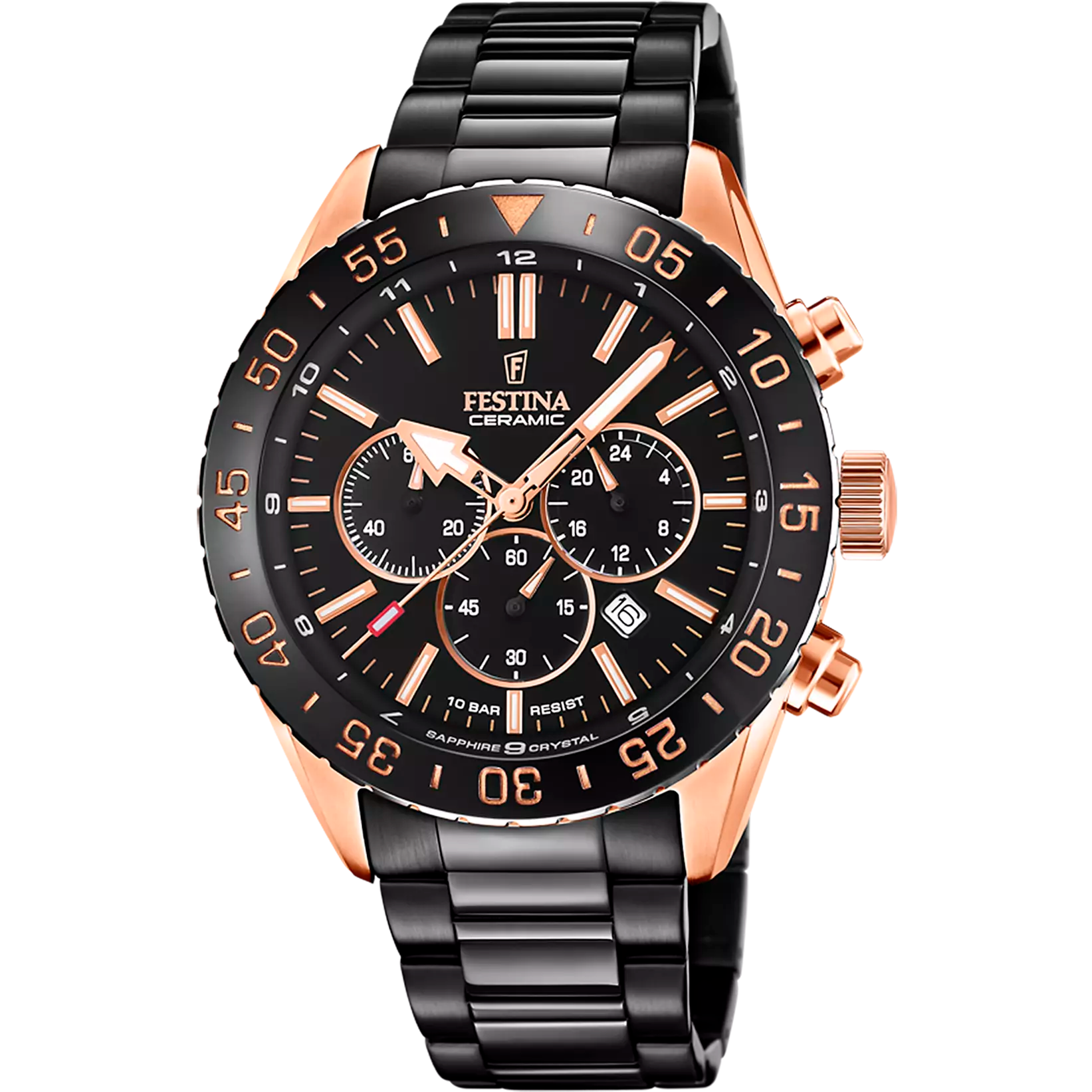 Festina Ceramic Quartz Chronograph Black Rose Gold Subdials Stainless Steel Men's Watch | F20578/1