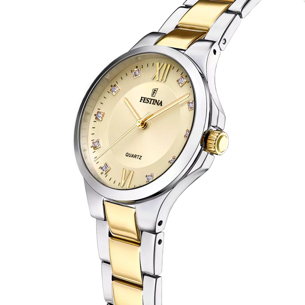 Festina Mademoiselle Quartz Silver Grey Dial Gold Roman Numerals Two Tone Rose Gold PVD Stainless Steel Women's Watch | F20618/1