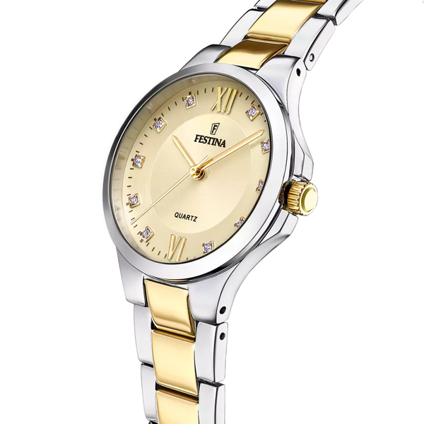 Festina Mademoiselle Quartz Silver Grey Dial Gold Roman Numerals Two Tone Rose Gold PVD Stainless Steel Women's Watch | F20618/1