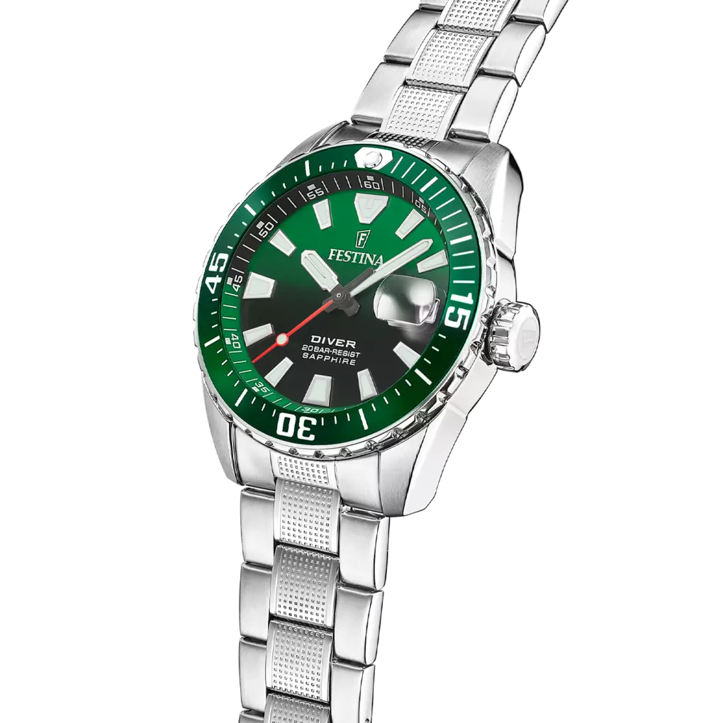 Festina The Originals Quartz Green Dial Fluorescent Steel Indices Stainless Steel Men's Watch | F20669/2