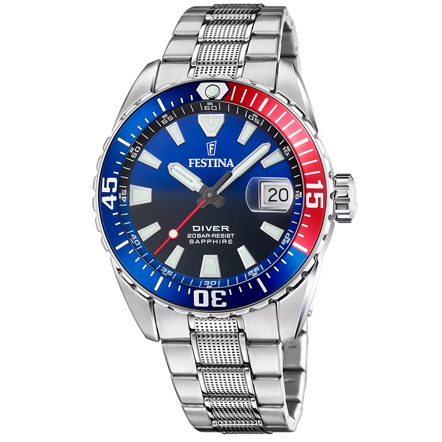 Festina The Originals Quartz Blue Dial Fluorescent Steel Indices Stainless Steel Men's Watch | F20669/4