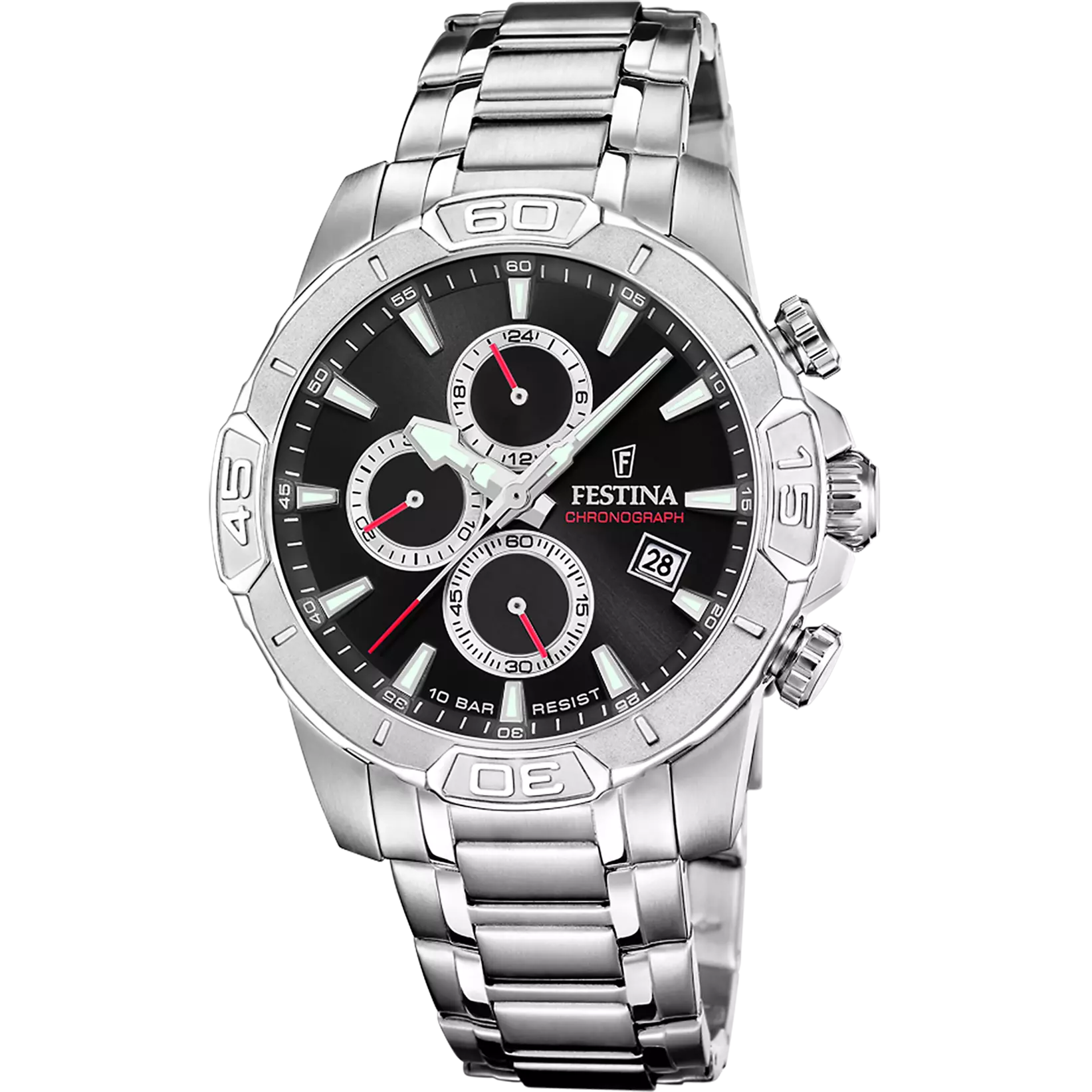 Festina Timeless Chronograph Black Dial Red Details Stainless Steel Men's Watch | F20704/6
