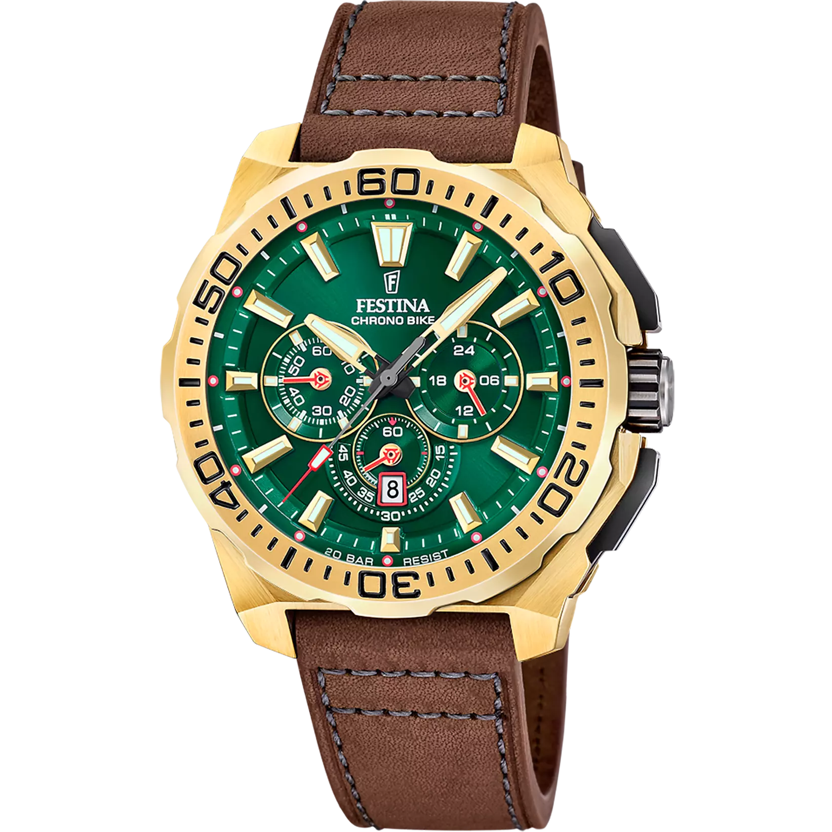 Festina Chrono Bike Quartz Chronograph Green Dial Brown Leather Men's Watch | F20728/2
