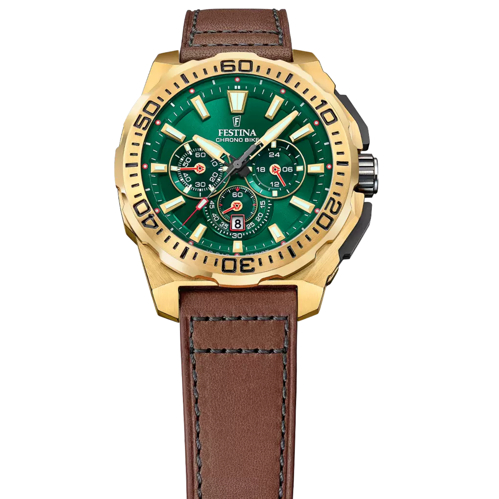 Festina Chrono Bike Quartz Chronograph Green Dial Brown Leather Men's Watch | F20728/2
