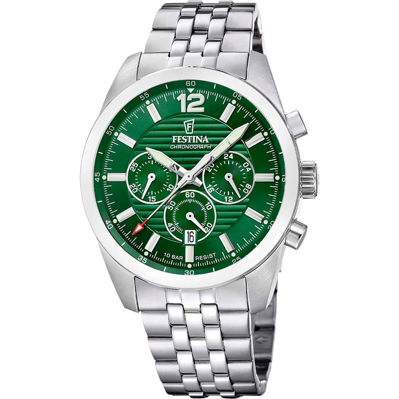 Festina Timeless Chronograph Quartz Green Dial Fluorescent Indices Stainless Steel Men's Watch | F20742/2