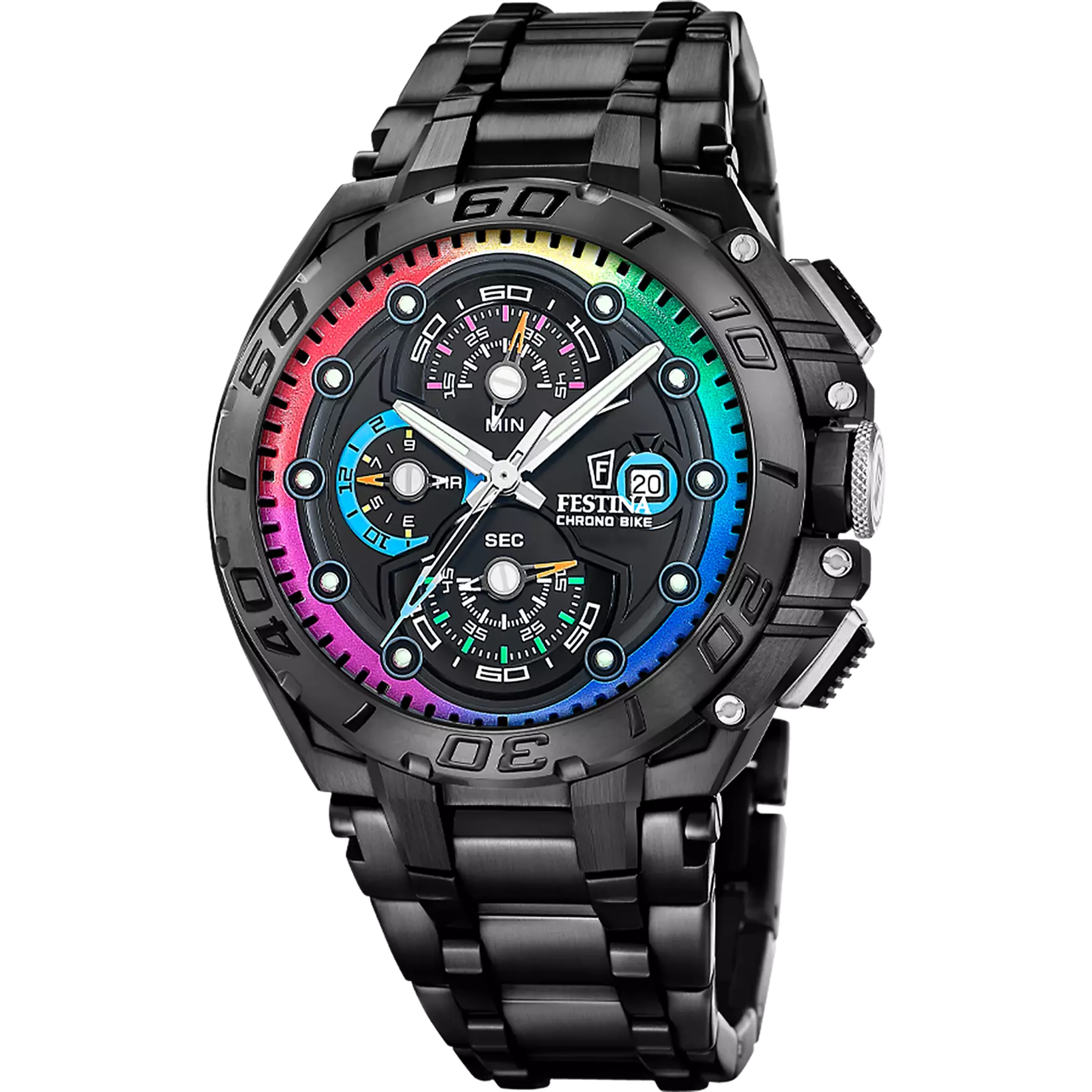 Festina Chrono Bike Limited Edition Black with Rainbow Accents Dial and Black Steel Bracelet 46mm Men's Watch | F20761/1