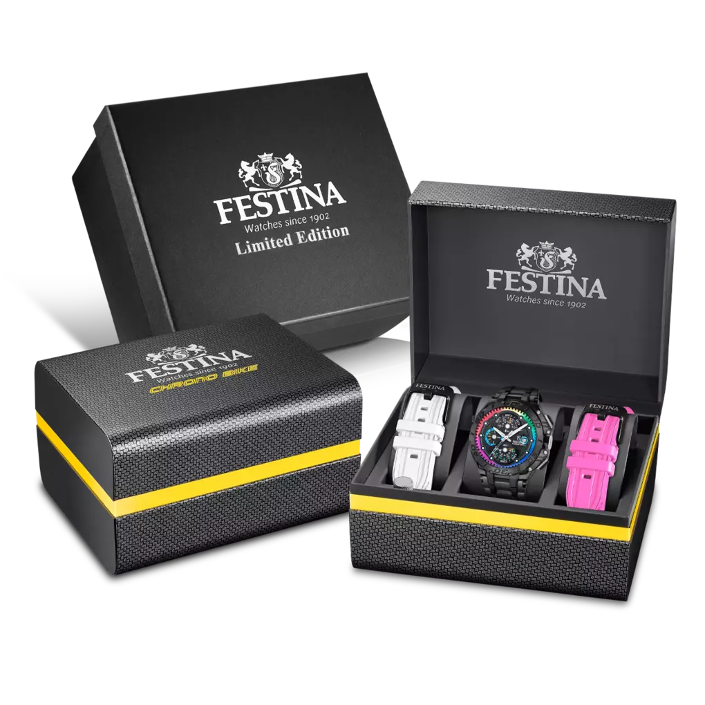 Festina Chrono Bike Limited Edition Black with Rainbow Accents Dial and Black Steel Bracelet 46mm Men's Watch | F20761/1