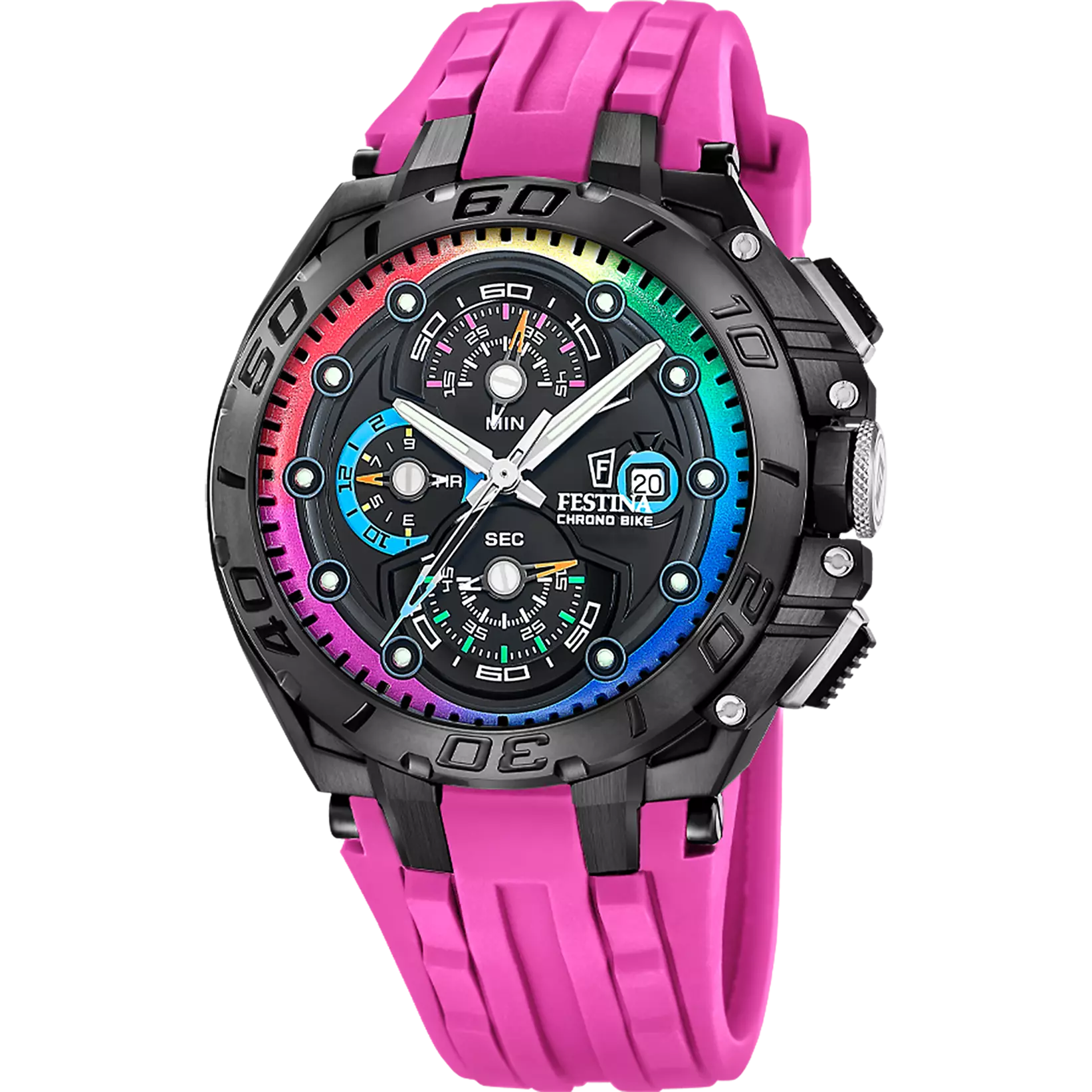 Festina Chrono Bike Limited Edition Black with Rainbow Accents Dial and Black Steel Bracelet 46mm Men's Watch | F20761/1