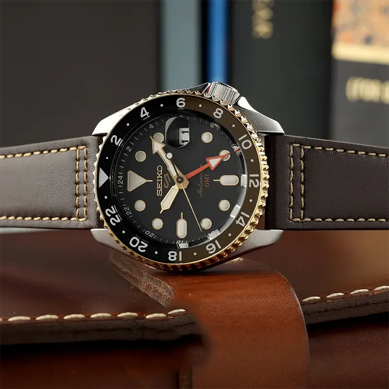 Seiko Automatic Black Dial Brown leather Strap GMT Men's Watch | SSK036K1