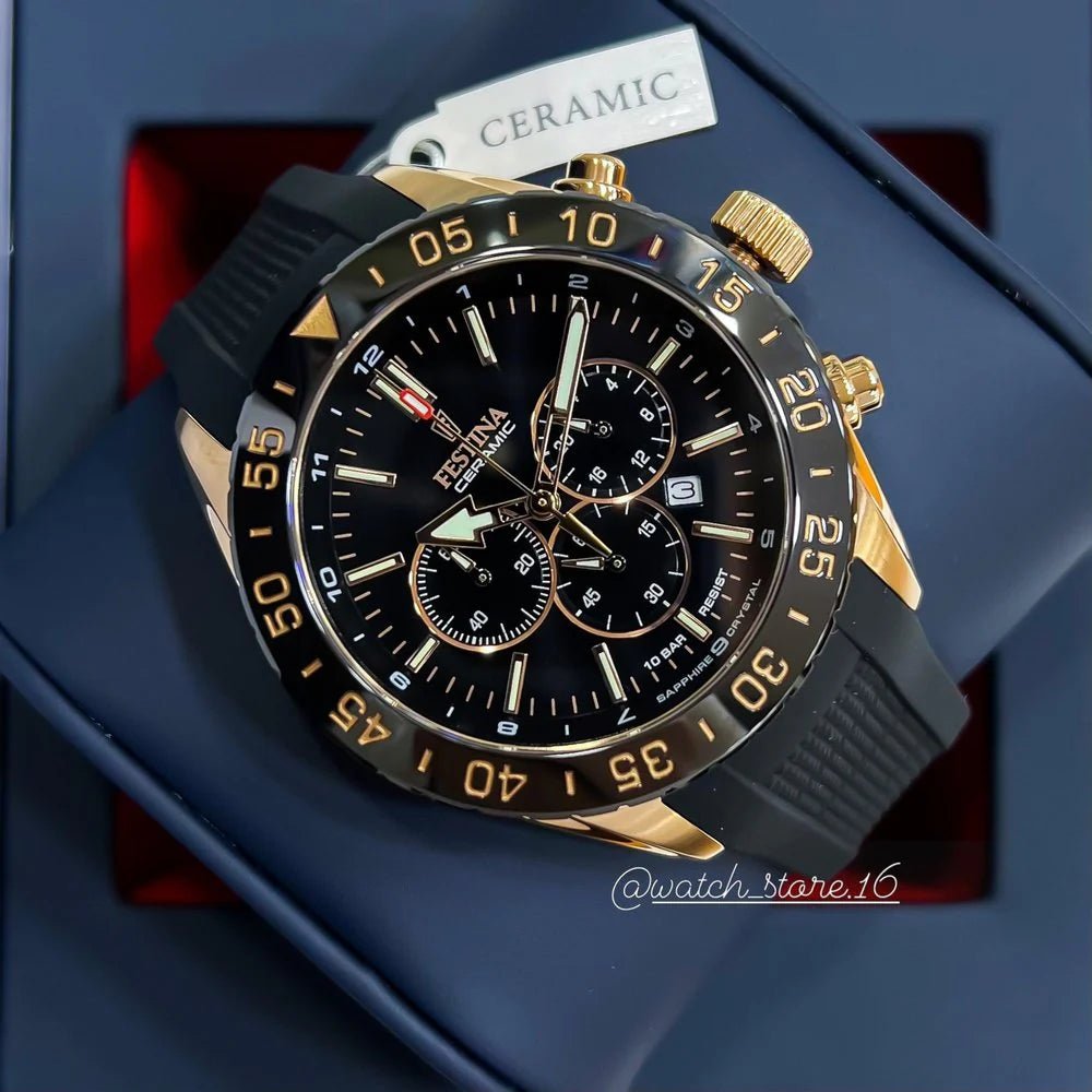 Festina Ceramic Rose Gold Dial Black Rubber Men’s 44mm Watch | F20516/2 | TIME Watches