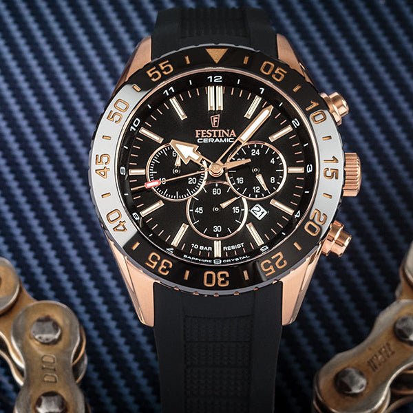 Festina Ceramic Rose Gold Dial Black Rubber Men’s 44mm Watch | F20516/2 | TIME Watches
