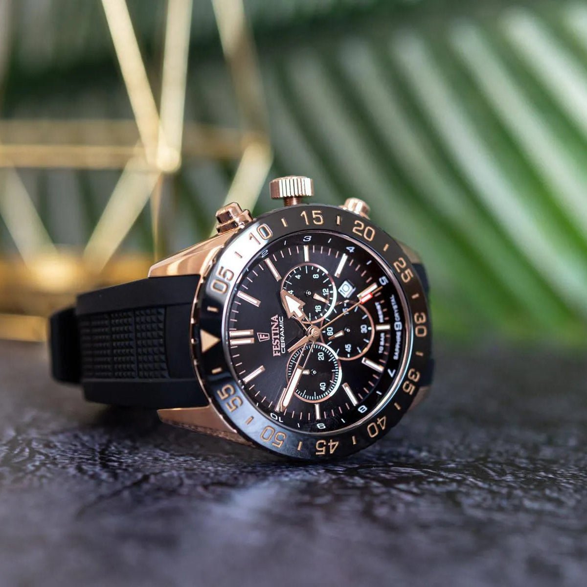 Festina Ceramic Rose Gold Dial Black Rubber Men’s 44mm Watch | F20516/2 | TIME Watches