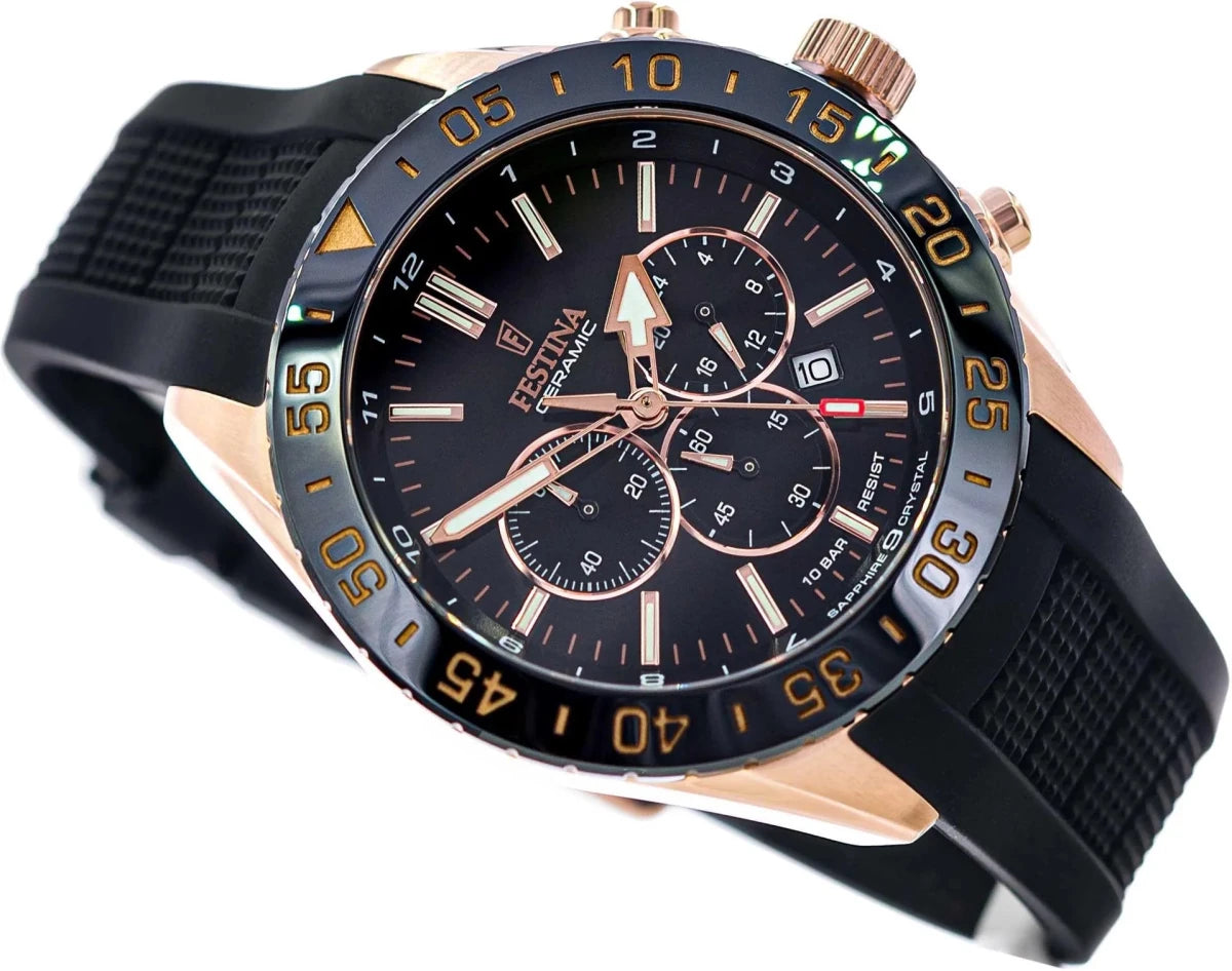 Festina Ceramic Rose Gold Dial Black Rubber Men’s 44mm Watch | F20516/2 | TIME Watches