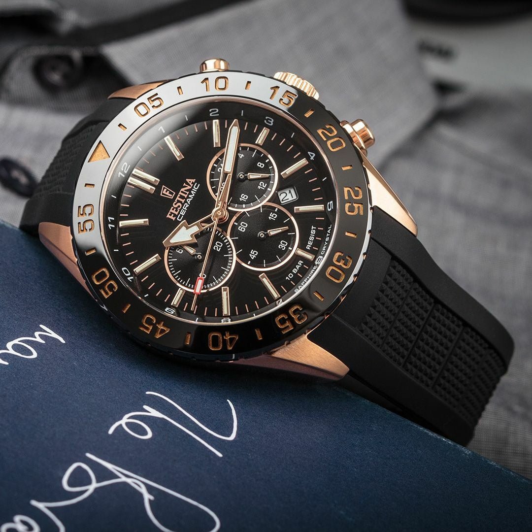 Festina Ceramic Rose Gold Dial Black Rubber Men’s 44mm Watch | F20516/2 | TIME Watches