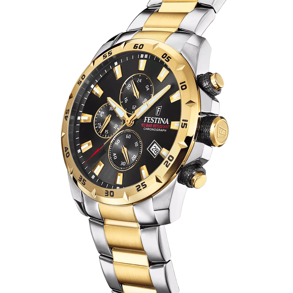 Festina Timeless Chronograph Rose Gold Dial Two Tone Gold PVD Stainless Steel Men’s 45mm Watch | F20562/4 | TIME Watches