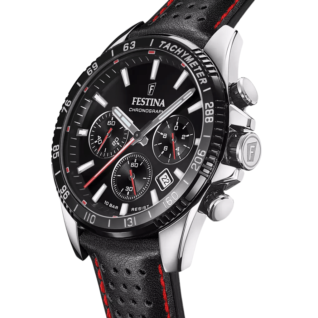 Festina Timeless Chronograph Silver Dial Black Leather with Red Stiching Men’s 45mm Watch | F20561/4 | TIME Watches