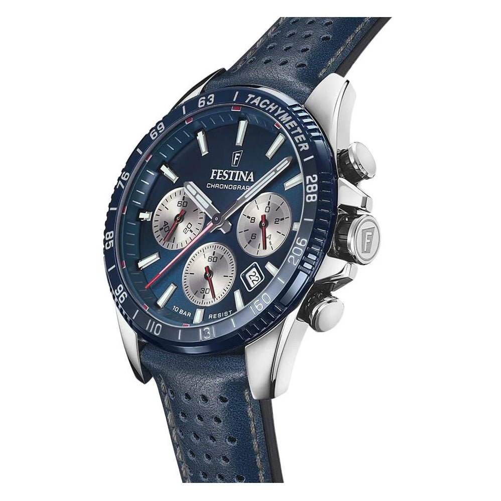 Festina Timeless Chronograph Silver Dial Blue Leather Men’s 45mm Watch | F20561/2 | TIME Watches