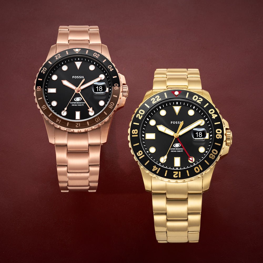 Fossil Fossil Blue GMT Black Dial and Gold Steel Bracelet 46mm Men's Watch | FS5990 | TIME Watches