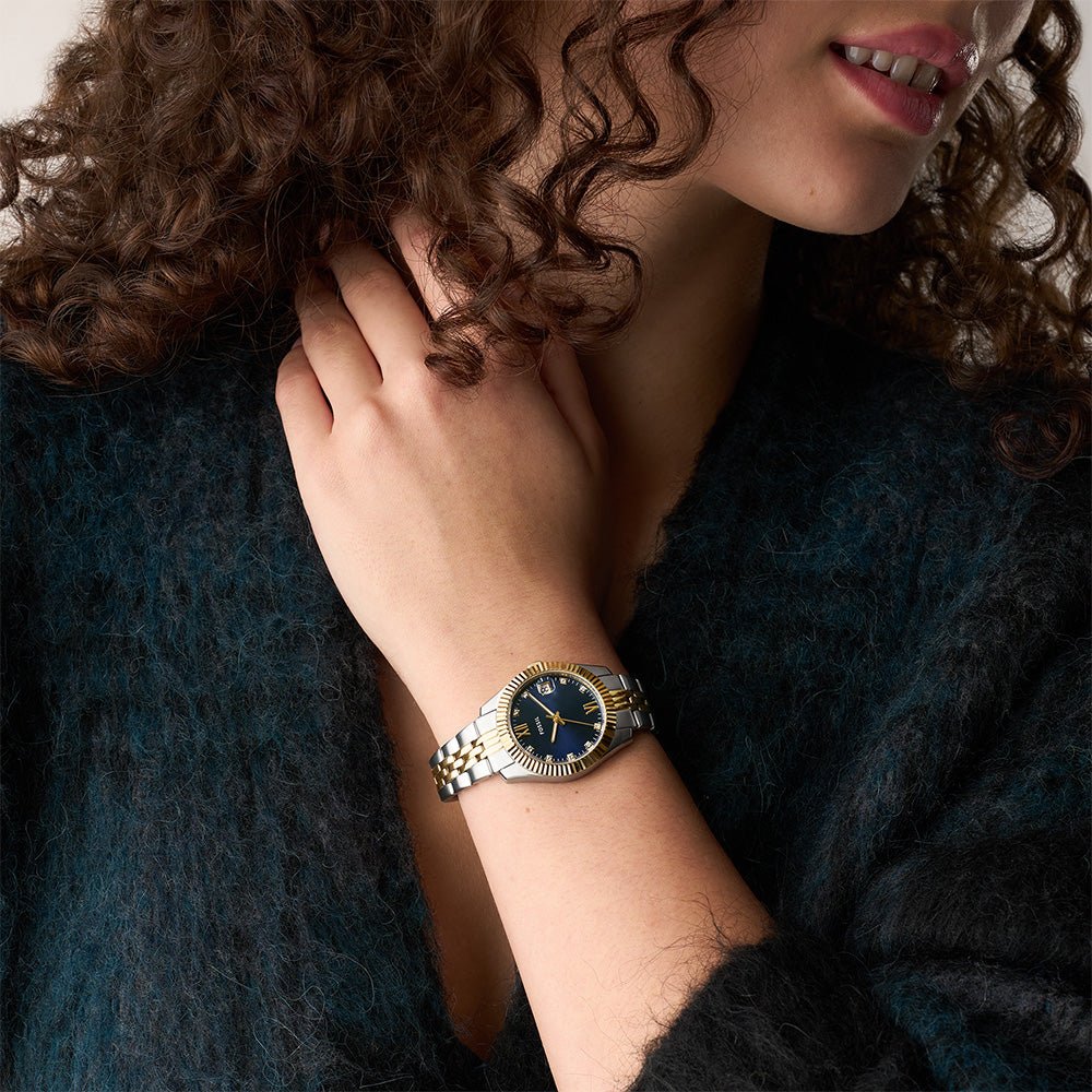 Fossil Scarlette Blue Dial and Gold Steel Bracelet 33mm Women's Watch | ES5443 | TIME Watches