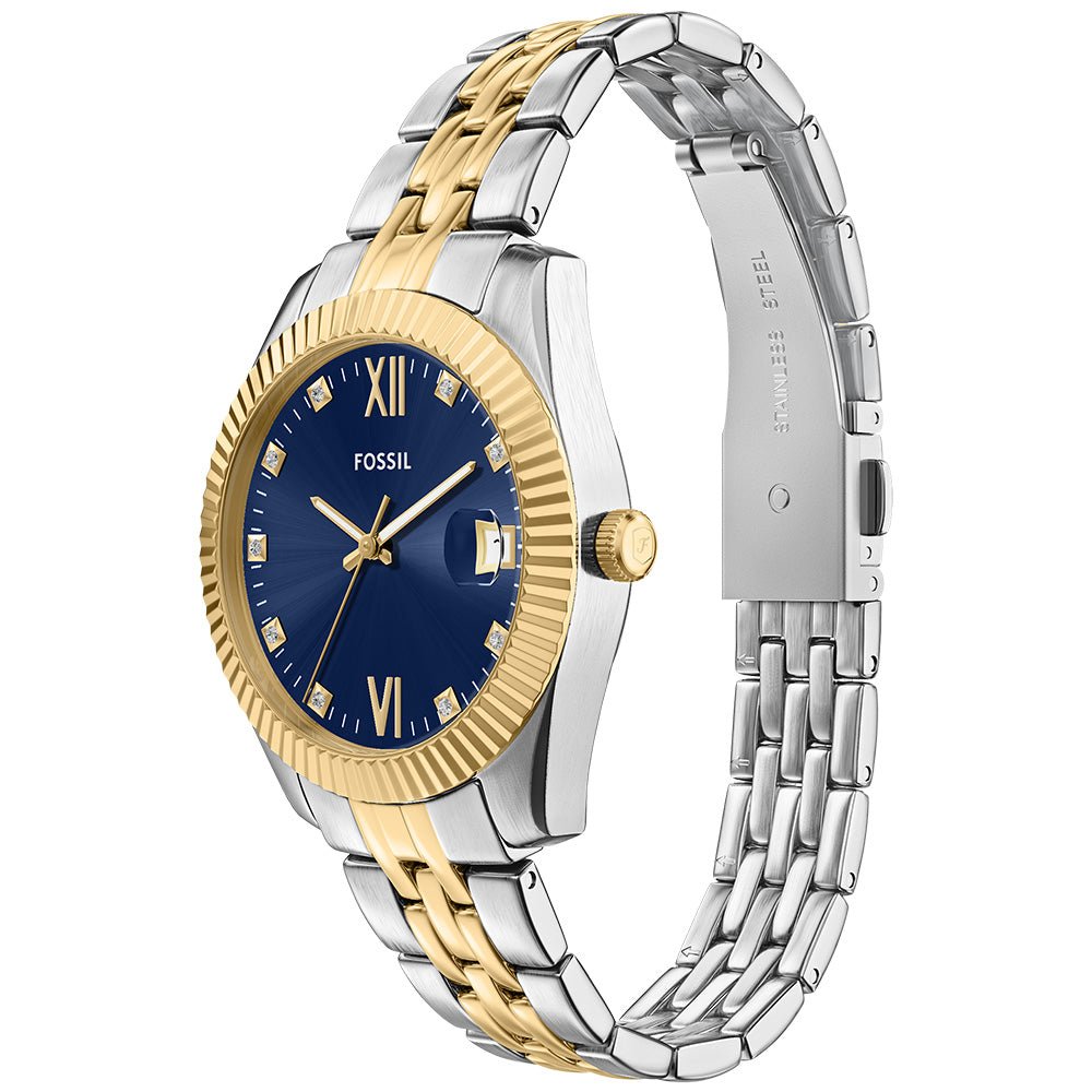Fossil Scarlette Blue Dial and Gold Steel Bracelet 33mm Women's Watch | ES5443 | TIME Watches