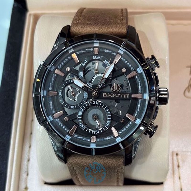 Bigotti Gunmetal Black Skeleton Multi-Dial Rose Gold Brown Leather Strap | BG.1.10579-5