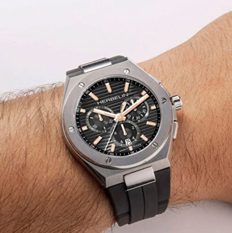 HERBELIN Cap Camarat Chronograph Steel and Black Fkm 42mm Men's Watch | 37645A14TR | TIME Watches