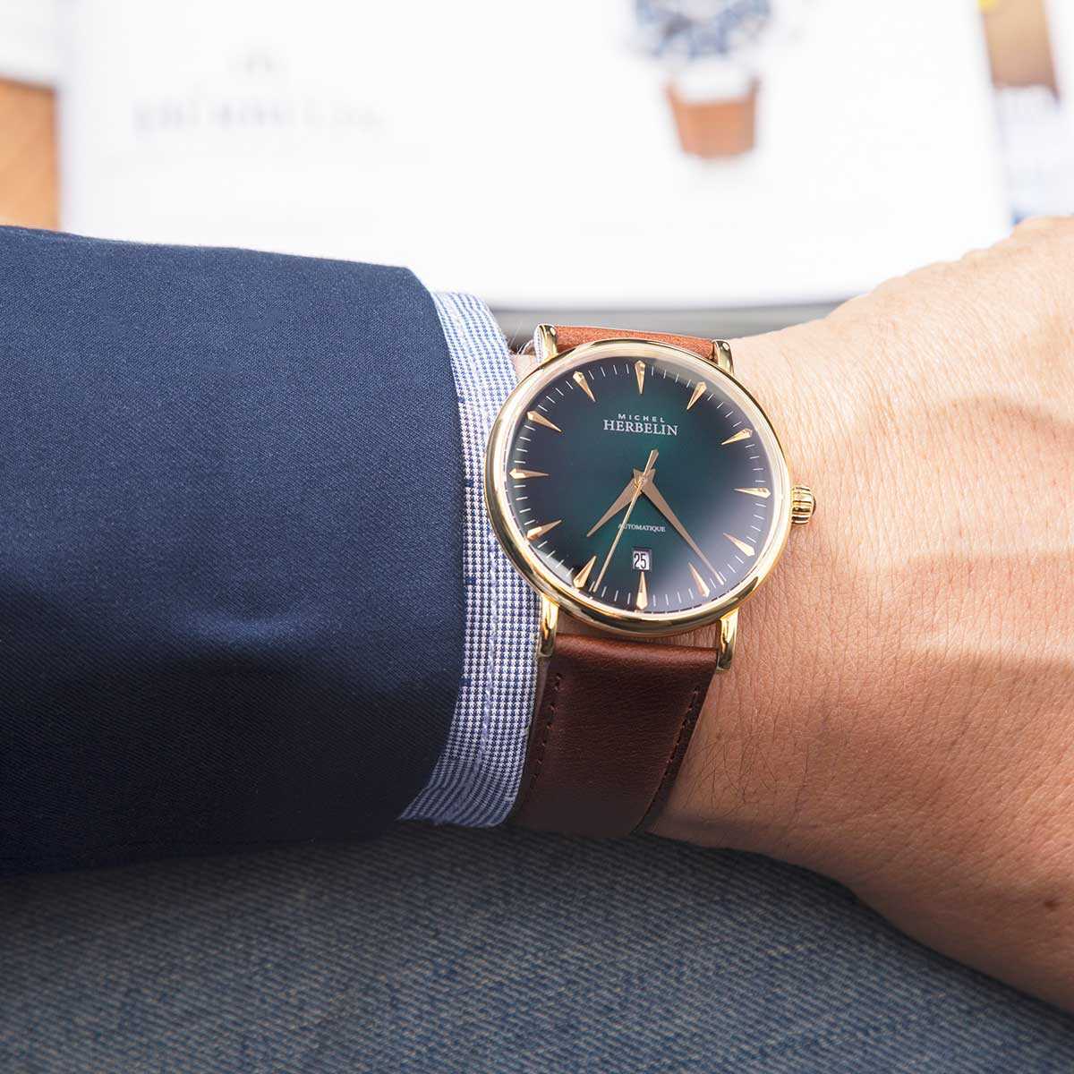 HERBELIN Inspiration Automatic Green and Brown Leather 40mm Unisex Watch | 1647/P16BR | TIME Watches