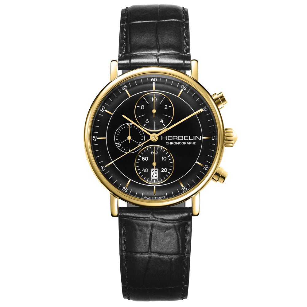 HERBELIN Inspiration Chronograph Gold and Black Leather 40mm Men's Watch | 35647P14 | TIME Watches