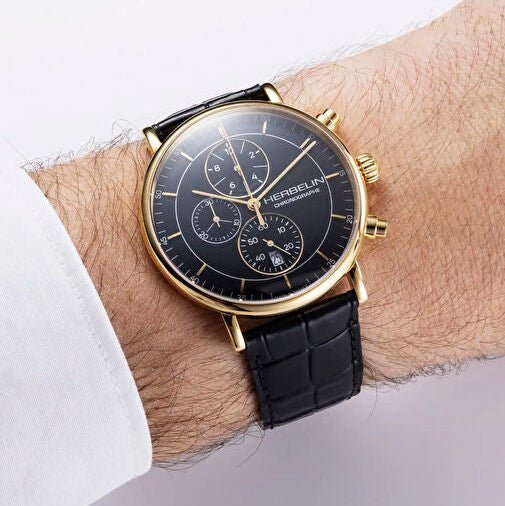 HERBELIN Inspiration Chronograph Gold and Black Leather 40mm Men's Watch | 35647P14 | TIME Watches
