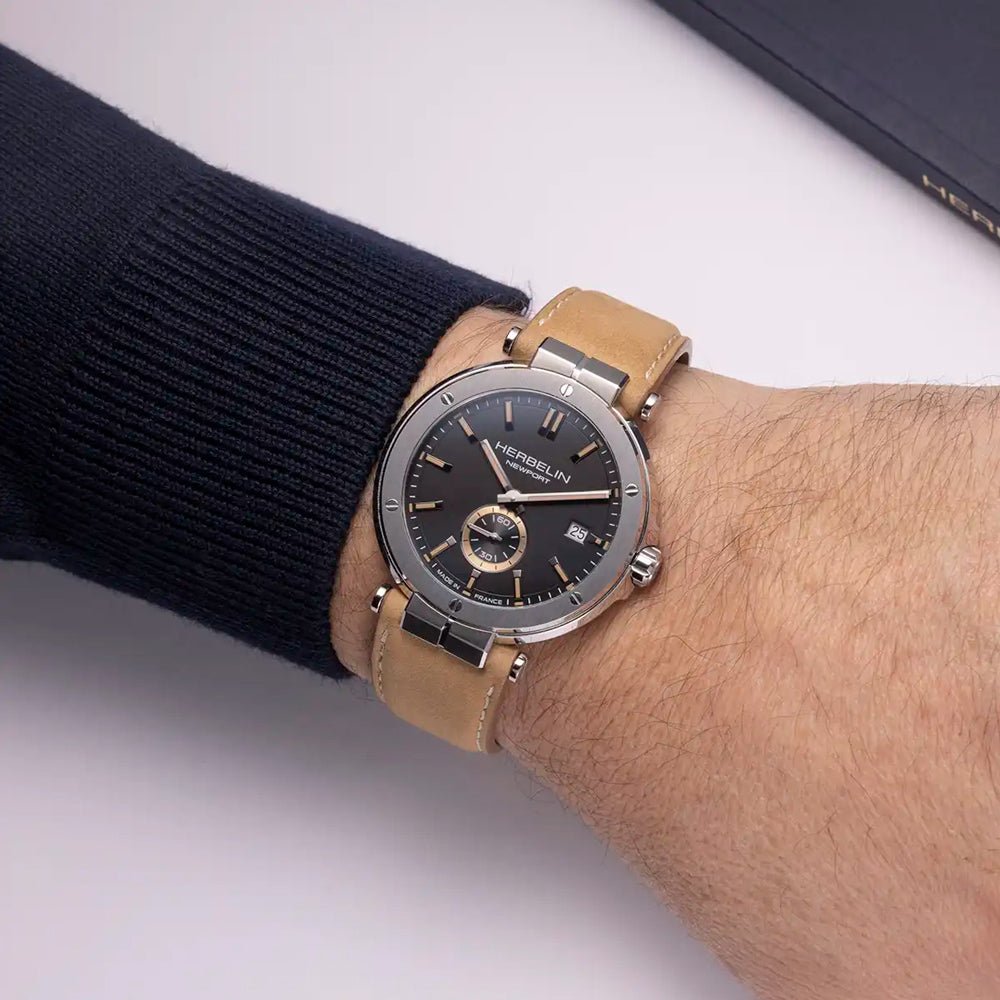 HERBELIN Newport Black and Beige Leather 45mm Men's Watch | 18389A24SA | TIME Watches