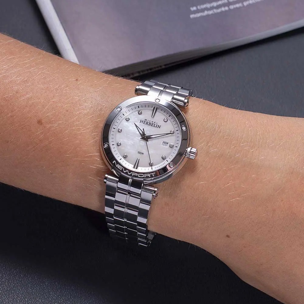 HERBELIN Newport Quartz Date Steel, Mother of Pearl and Diamonds 34mm Women's Watch | 14288B89S | TIME Watches